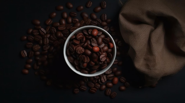 Auf einem Tisch steht eine Tasse Kaffee, daneben eine braune Tüte.