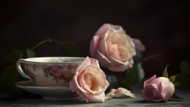 Auf einem Tisch steht eine Tasse Rosen mit einem Blumenmuster darauf.