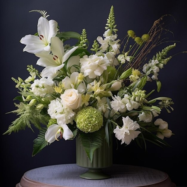 Auf einem Tisch steht eine Vase mit Blumen. Generative KI