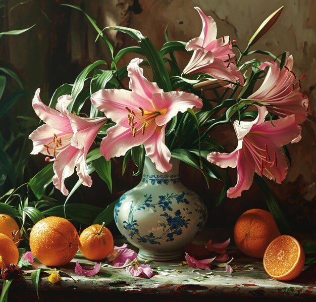 Auf einem Tisch steht eine Vase mit Blumen und Orangen