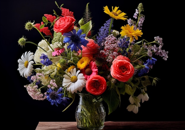 Auf einem Tisch steht eine Vase mit Blumen