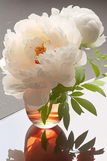 Auf einem Tisch steht eine Vase mit einer weißen Blume