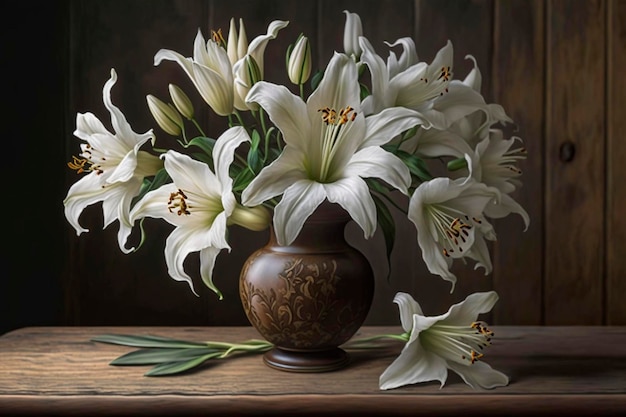 Auf einem Tisch steht eine Vase mit weißen Lilien.