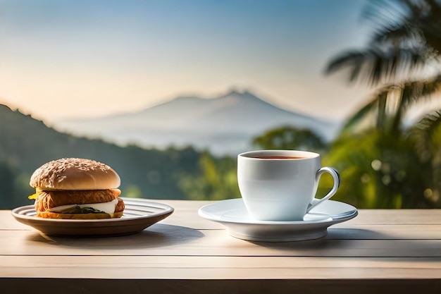 Auf einem Tisch vor dem Fenster stehen ein Burger und eine Tasse Kaffee.