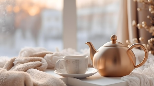 Auf einem Tisch vor einem Fenster stehen eine goldene Teekanne und eine Tasse Tee.