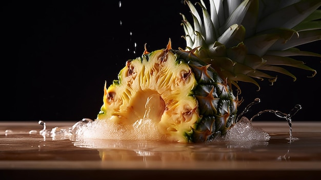 Auf einem Tisch wird eine Ananas angespült.