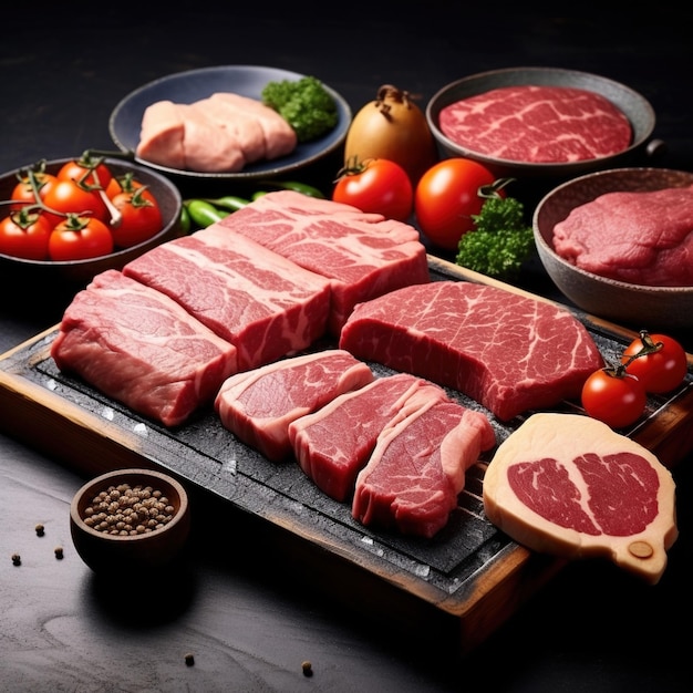 Auf einem Tisch wird eine Auswahl an frischem Fleisch serviert, darunter Rind, Schweinefleisch und Hühnchen