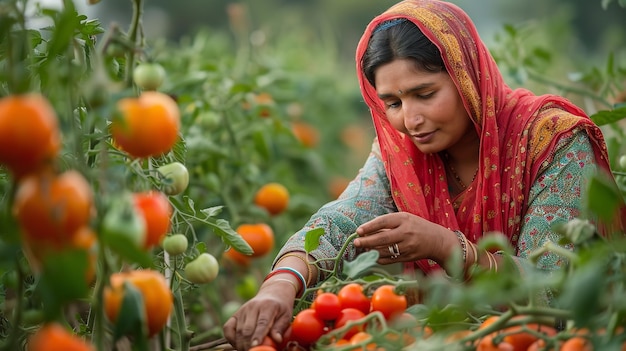 Auf einem Tomatenfeld erntet eine indische Frau Tomaten Generative Ai