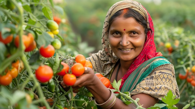 Auf einem Tomatenfeld erntet eine indische Frau Tomaten Generative Ai