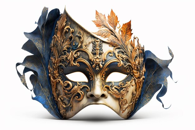 Auf einem weißen Hintergrund befindet sich eine Maske mit goldenen Blättern und blauen Federn.