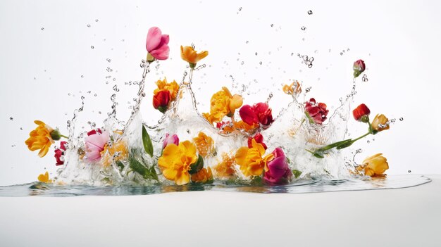 Auf einem weißen Hintergrund färbt Blumenstrauß in bunten Wasserspritzern bunt