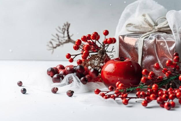 Auf einem weißen Hintergrund hat eine Winterkomposition mit Dekorationen, einer roten Beere und einem Geschenk eine schillernde Schleife. Winter, Neujahr und Weihnachten, Frontalaufnahme, leerer Raum