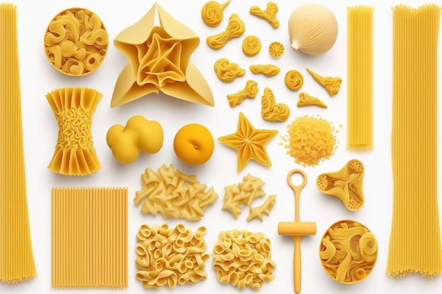 Auf einem weißen Hintergrund isoliert Rohe italienische Pasta Formen umfasst Fettuccine Amorines Paccheri Schmetterlinge Spaghetti Fusilli Stifte und Muscheln durch die Verwendung eines Beschneidungspfads