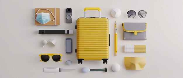 Auf einem weißen Hintergrund ist ein gelber Koffer mit Gesichtsmaske und Reiseaccessoires flach über einem gelben Hintergrund gelegt