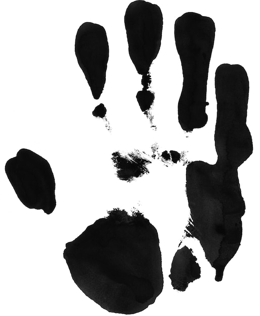 Auf einem weißen Hintergrund ist eine Hand mit einem schwarzen Tintenfleck zu sehen.
