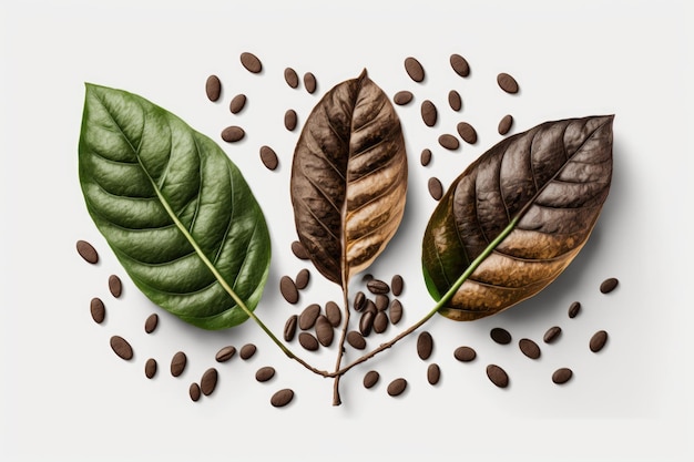 Auf einem weißen Hintergrund sind drei funkelnde frisch geröstete Kaffeebohnen mit Blättern zu sehen