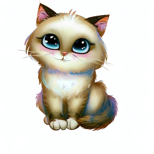 Auf einem weißen Hintergrund sitzt die Zeichnung einer Siamkatze mit blauen Augen.