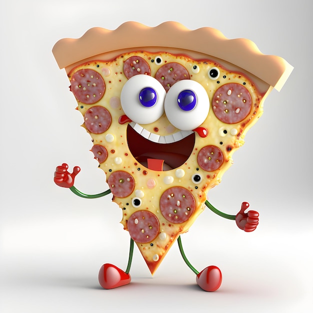 Auf einem weißen Hintergrund steht eine Cartoon-Pizza mit blauen und lila Augen.