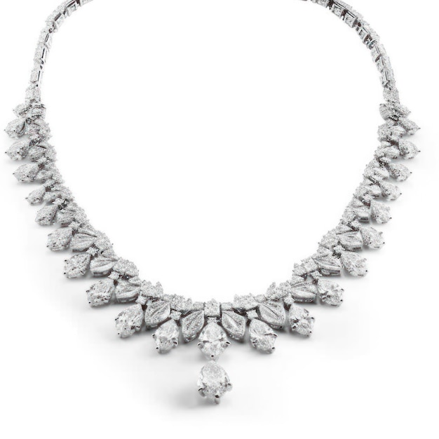 Auf einem weißen Hintergrund wird eine Halskette mit Diamanten und Diamanten angezeigt.