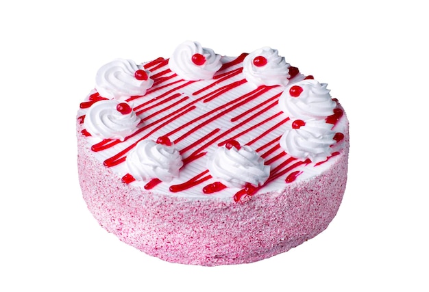 Auf einem weißen Teller ein Kuchen mit rosa Sahne und mit Krümeln bestreut.