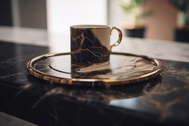 Auf einer Arbeitsplatte aus Marmor steht ein goldener Teller mit einer Tasse darauf.