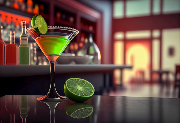 Auf einer Bartheke steht ein grüner Cocktail mit einem Limettenkeil am Rand