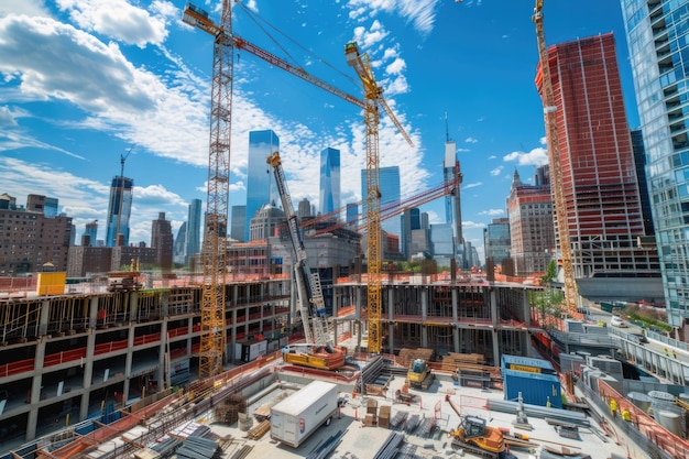 Foto auf einer belebten baustelle mit türmen, kränen und blauem himmel