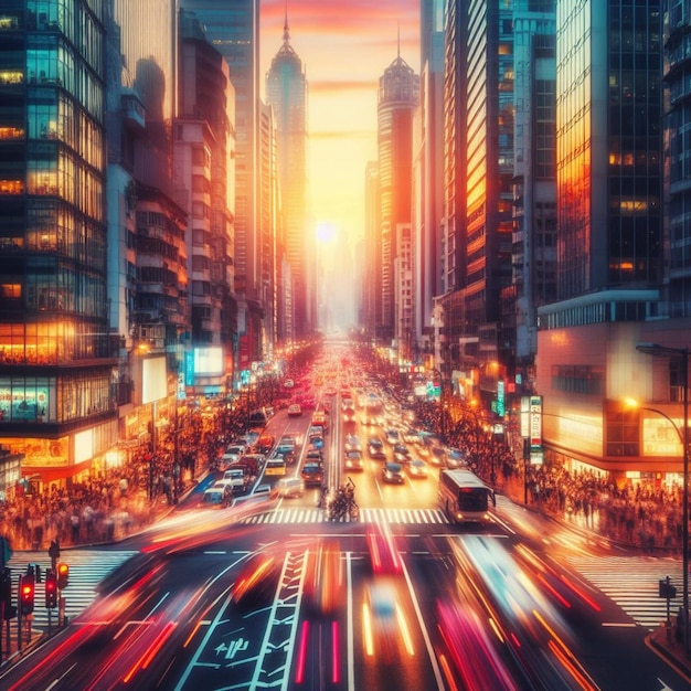 Auf einer belebten Stadtstraße bei Sonnenuntergang ist das Stadtleben in Bewegung