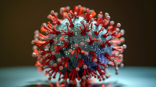 Auf einer blauen Fläche ist ein blau-rotes Coronavirus-Modell abgebildet.