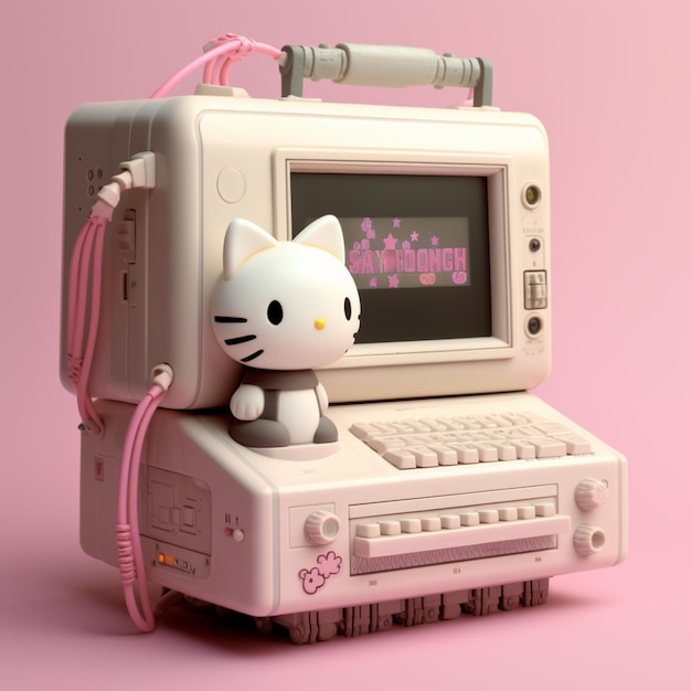 Auf einer generativen Computer-KI sitzt ein Hello-Kitty-Spielzeug
