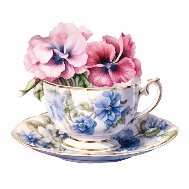 Auf einer generativen Untertasse steht eine Teetasse mit Blumen darin