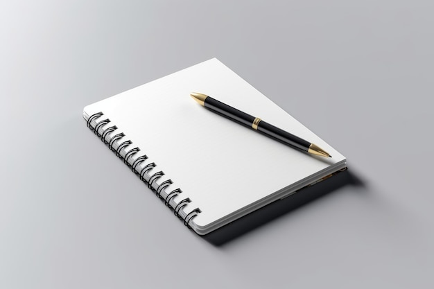 Auf einer grauen Oberfläche liegt ein weißes Notizbuch mit einem Stift darauf.