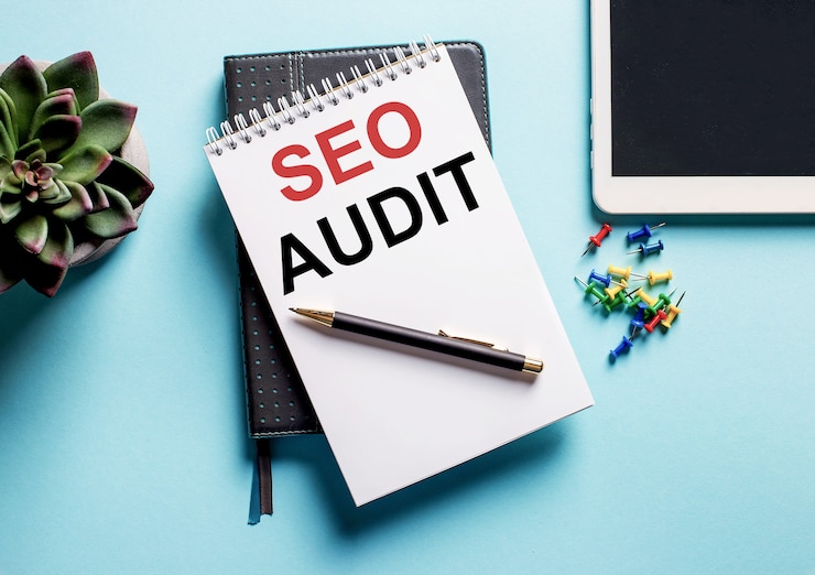 Auf einer hellblauen Oberfläche gibt es eine Topfpflanze, eine Tablette und eine Wochenzeitung mit dem Text SEO AUDIT.
