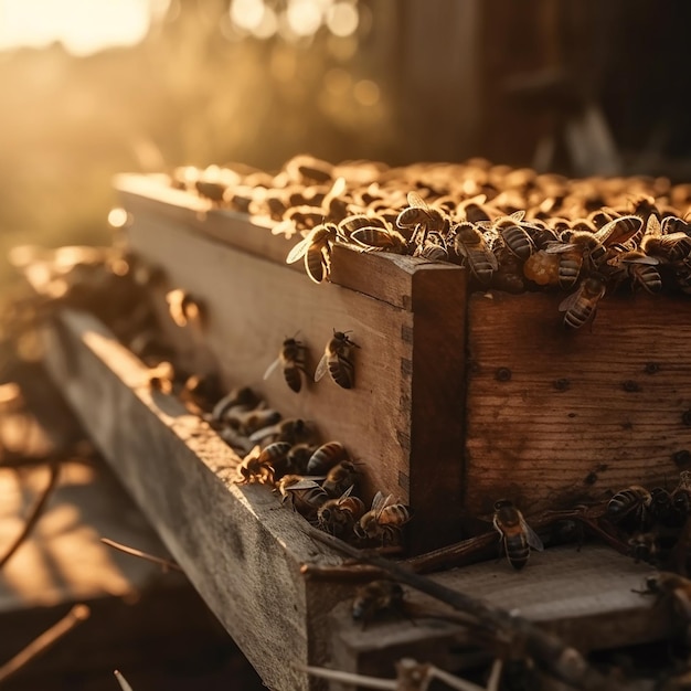 Auf einer Holzkiste steht ein Bienenstock, durch den die Sonne scheint.