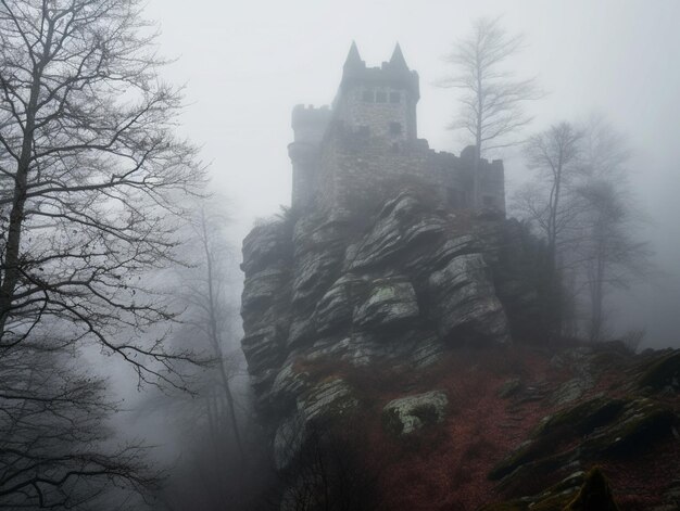 Auf einer Klippe im Nebel thront eine Burg.