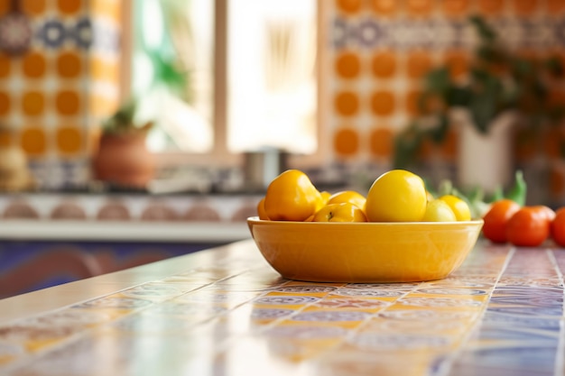 Auf einer Küchentheke steht eine Schüssel mit Zitronen.