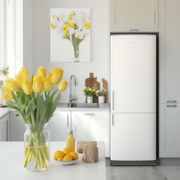 Auf einer Küchentheke steht eine Vase mit gelben Blumen