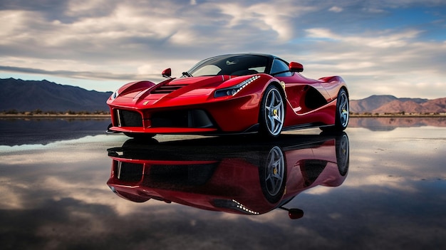 Auf einer nassen Straße parkt ein roter Sportwagen mit der vorderen Stoßstange und dem Schriftzug „Ferrari“ auf der Vorderseite.