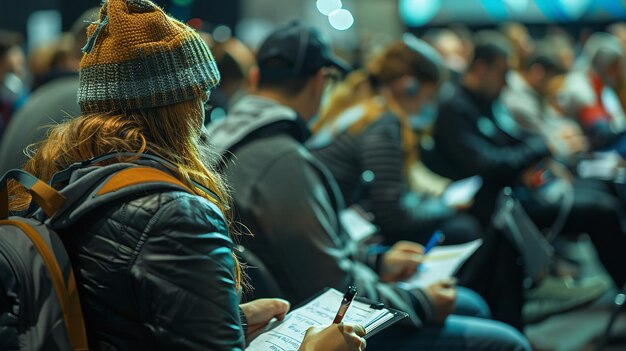 Auf einer Pressekonferenz mit einer großen Anzahl von Reportern, die saßen und Generative AI schrieben,