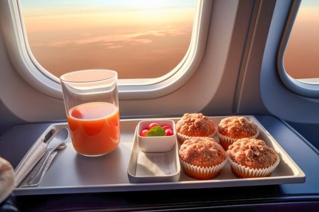 Auf einer Reise wird im Flugzeug eine Mahlzeit serviert. Frühstücksoptionen auf dem Tablett steigern das Reiseerlebnis
