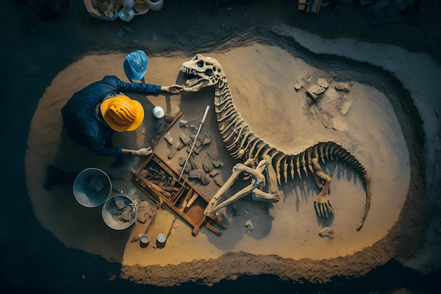 Foto auf einer sandoberfläche liegt ein dinosaurierskelett, an dem eine person arbeitet.