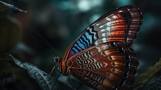 Auf einer schwarzen Ledertasche sitzt ein Schmetterling mit blauen und roten Flügeln.