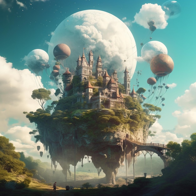 Auf einer schwimmenden Insel gibt es eine Burg, auf der Ballons um generative KI herumfliegen