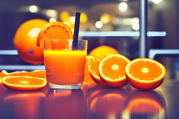 Auf einer Theke neben Orangen steht ein Glas Orangensaft mit schwarzem Strohhalm