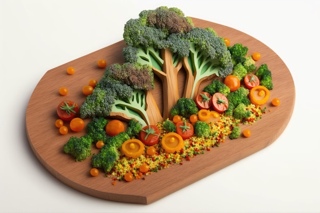 Auf einer verwitterten Holzplatte wird ein Quinoa-Salat mit Brokkoli-Süßkartoffeln serviert