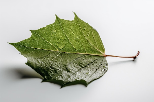 Auf einer weißen Fläche liegt ein Blatt mit Wassertropfen darauf.