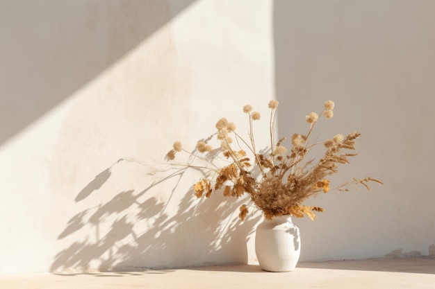 Foto auf einer weißen fläche steht eine vase mit trockenblumen.