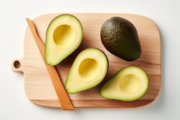 Auf einer weißen Holzplatte in zwei Teile geschnittene Avocado