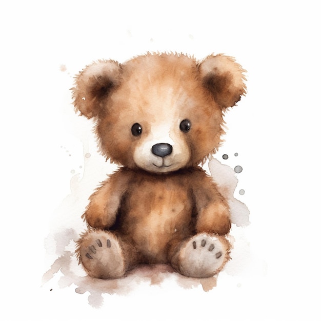 Auf einer weißen Oberfläche sitzt ein brauner Teddybär