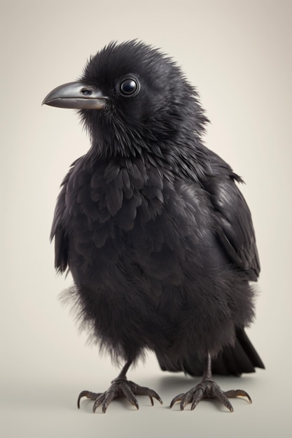 Auf einer weißen Oberfläche steht ein schwarzer Vogel mit einem sehr großen Schnabel